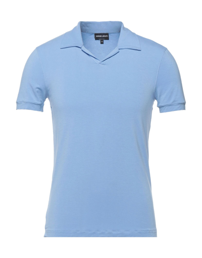 Shop Giorgio Armani Man Polo Shirt Azure Size 38 Viscose, Elastane In Blue