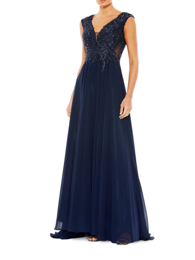 Shop Mac Duggal Women's Metallic Floral Bead-embroidered A-line Gown In Navy