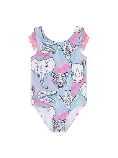 Shop Andy & Evan Little Girl's Animal Tropical Print One-piece Swimsuit In Pink Blue Multi