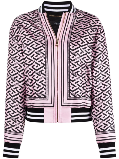 Shop Versace La Greca Silk Bomber Jacket In Pink
