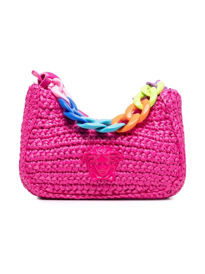 Shop Versace Medusa Straw Shoulder-bag In Pink