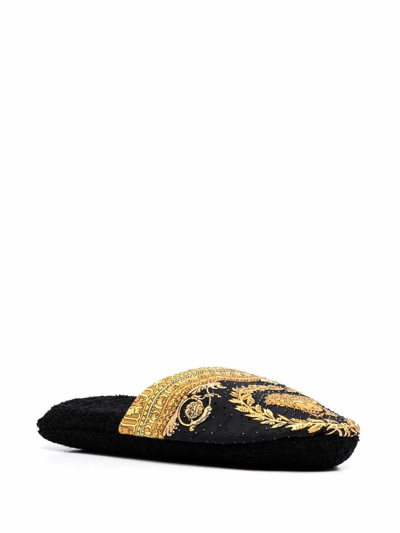 Versace Black House Slippers In Cotton And Terry With Gold Embroidered Logo On The Toe In Black