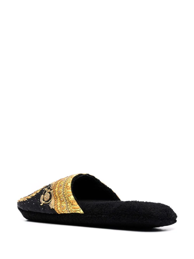 Versace Black House Slippers In Cotton And Terry With Gold Embroidered Logo On The Toe In Black