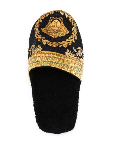 Versace Black House Slippers In Cotton And Terry With Gold Embroidered Logo On The Toe In Black