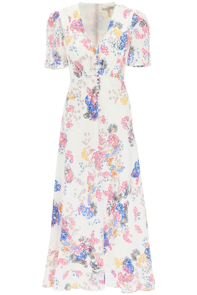 Shop Saloni Lea Printed Silk Long Dress In White,fuchsia,blue