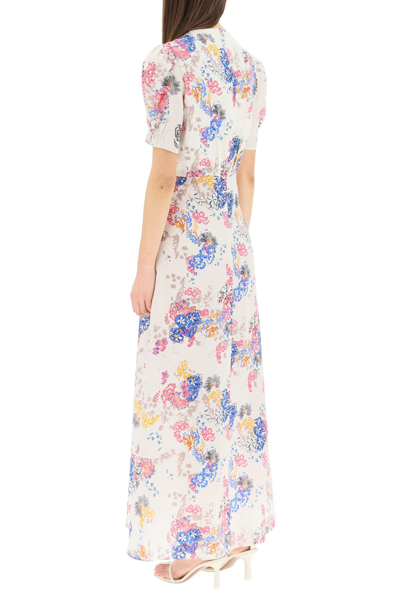 Shop Saloni Lea Printed Silk Long Dress In White,fuchsia,blue