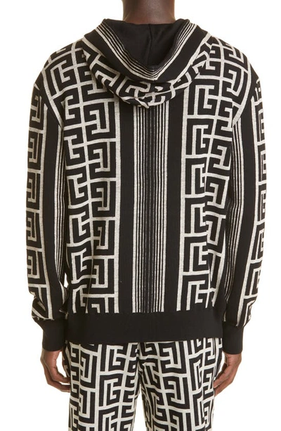 Balmain Hooded Wool Blend Sweater With All-over Monogram In Ivory/ Noir