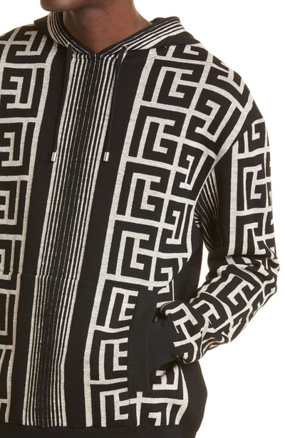 Balmain Hooded Wool Blend Sweater With All-over Monogram In Ivory/ Noir