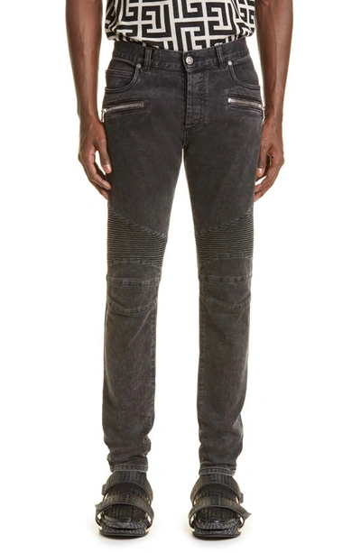 Shop Balmain Moto Slim Fit Jeans In Washed Black