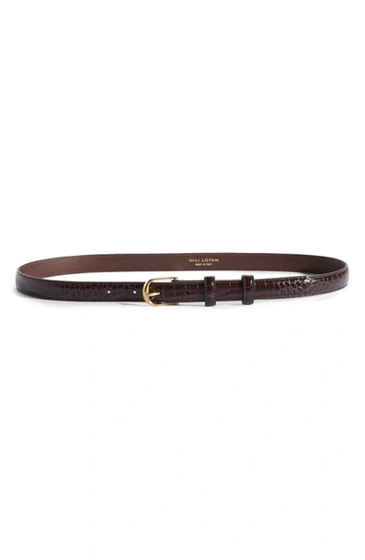 Shop Nili Lotan Jane Leather Belt In Dark Brown W/shiny Brass Buckl