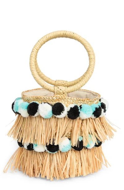 Shop Btb Los Angeles Liv Round Bucket Bag With Bracelet Handles In Natural/ Aqua