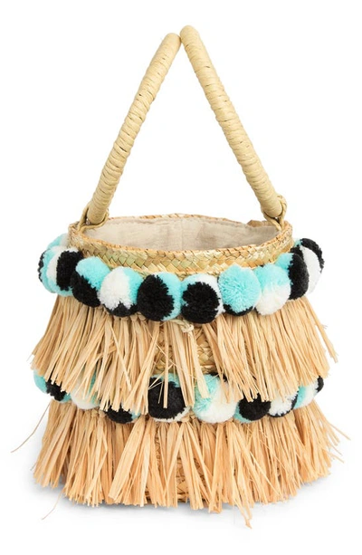 Shop Btb Los Angeles Liv Round Bucket Bag With Bracelet Handles In Natural/ Aqua