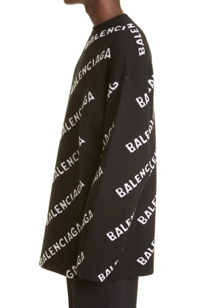 Shop Balenciaga Intarsia Diagonal Logo Oversize Wool Blend Sweater In Black/ White