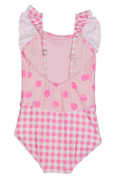 Shop Beach Lingo Kids' Polka Dot & Check Ruffle One-piece Swimsuit In Pink Punch