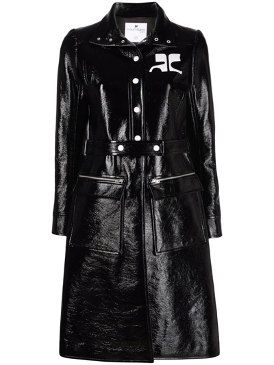 Shop Courrèges Logo-print Lacquered-effect Trench Coat In Black