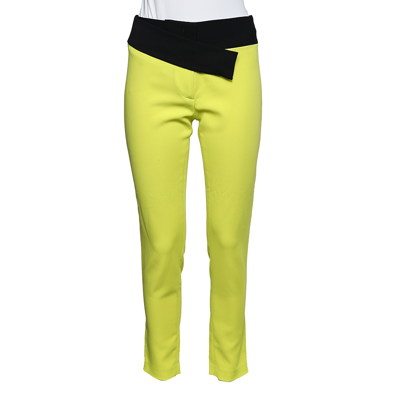 Pre-owned Just Cavalli Neon Yellow Crepe Contrast Waist Detail Tapered Leg Trousers S