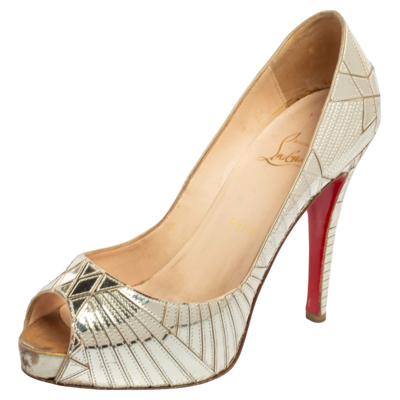 Pre-owned Christian Louboutin Dull Gold Mirror Leather Very Galaxy Art Deco Peep-toe Pumps Size 37