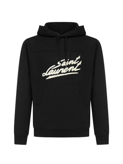 Shop Saint Laurent Logo Printed Drawstring Hoodie In Black