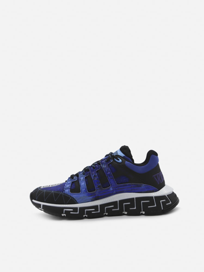 Shop Versace Trigreca Sneakers In Nylon With Contrasting Inserts In Blue
