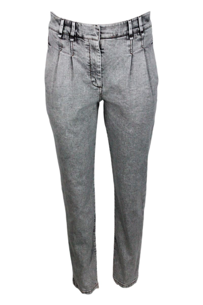 Shop Brunello Cucinelli Denim Jeans Trousers With 2 Small Pleats In Grey