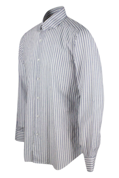 Shop Barba Napoli Long-sleeved Cult Shirt With French Collar With Gray And Blue Stripes On A White Base In Cotton And 