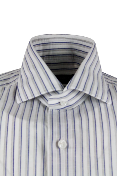 Shop Barba Napoli Long-sleeved Cult Shirt With French Collar With Gray And Blue Stripes On A White Base In Cotton And 