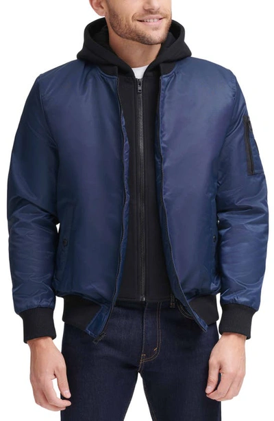 Shop Guess Fleece Hood Nylon Bomber Jacket In Blue