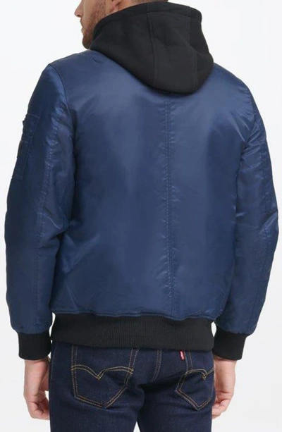 Shop Guess Fleece Hood Nylon Bomber Jacket In Blue