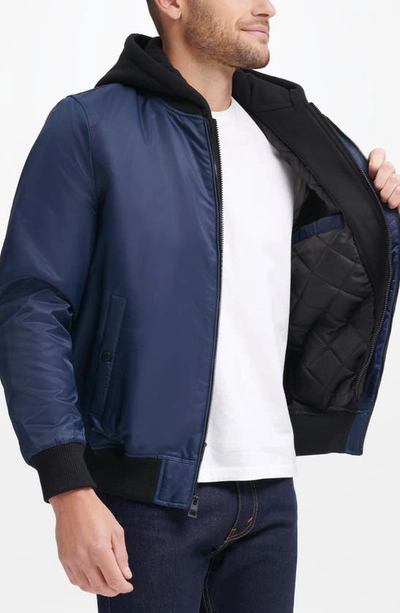 Shop Guess Fleece Hood Nylon Bomber Jacket In Blue