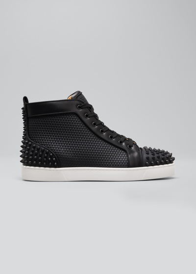 Shop Christian Louboutin Men's Lou Spikes 2 Flat Studded Leather Sneakers In Black/black Mat