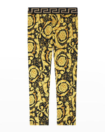 Shop Versace Girl's Barocco & Greca-print Leggings In Black Gold
