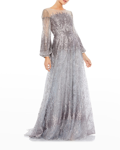 Shop Mac Duggal Sequin Puff-sleeve A-line Gown In Platinum