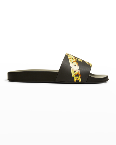 Shop Versace Men's Greca Chain Pool Slide Sandals In Blackgold