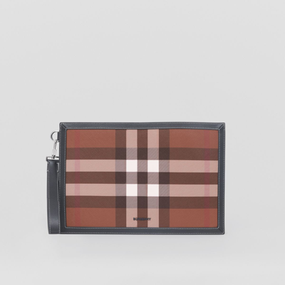 Shop Burberry Check And Leather Zip Pouch In Dark Birch Brown