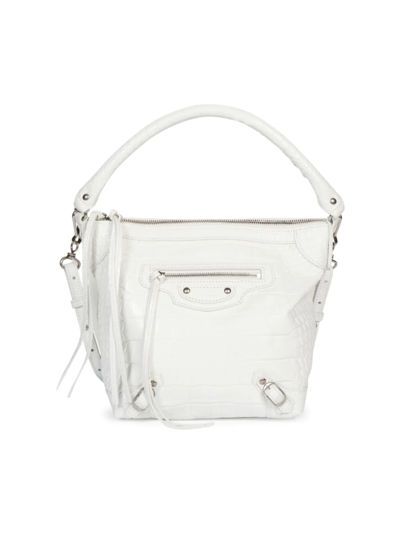 Shop Balenciaga Women's Xs Neo Classic Croc-embossed Leather Hobo Bag In Optic White