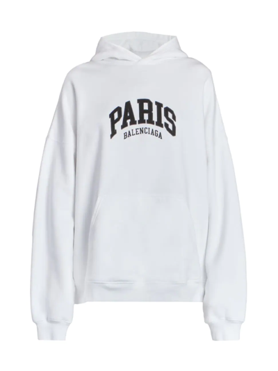 Shop Balenciaga Women's Cities Oversized Paris Logo Hoodie In White Black