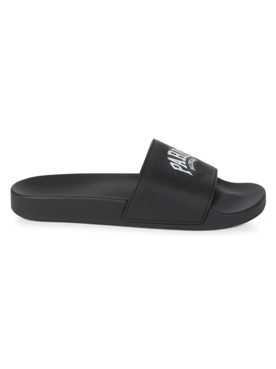 Shop Balenciaga Men's Logo Pool Slide Sandals In Black White Paris