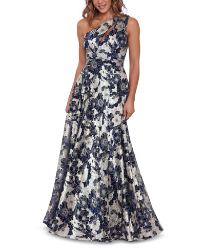 Shop Betsy & Adam Metallic-floral One-shoulder Gown In Navy/gold