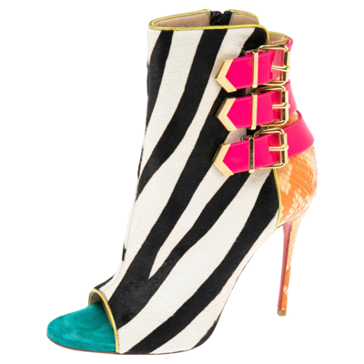 Pre-owned Christian Louboutin Multicolor Patent And Python Leather Zebra Print Calf Hair Triboclou Ankle Boots Size 37