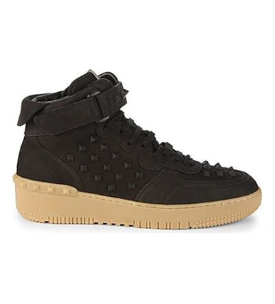 Valentino Garavani Rock B Studded Leather And Suede High-top Trainers In Black