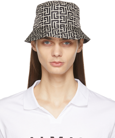 Shop Balmain Reversible Beige & Black Monogram Bucket Hat In Edk Noir/ivoire