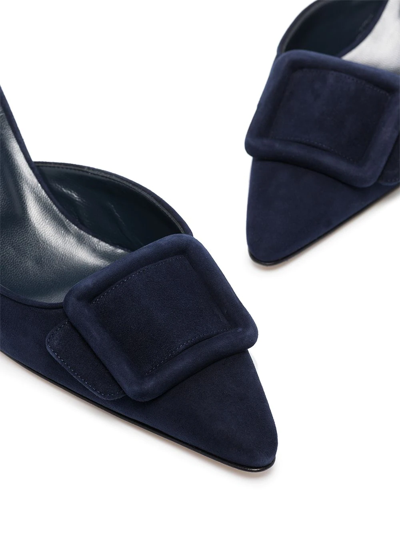 Manolo Blahnik Kitten Heel Mules In Navy Blue Suede In Blue