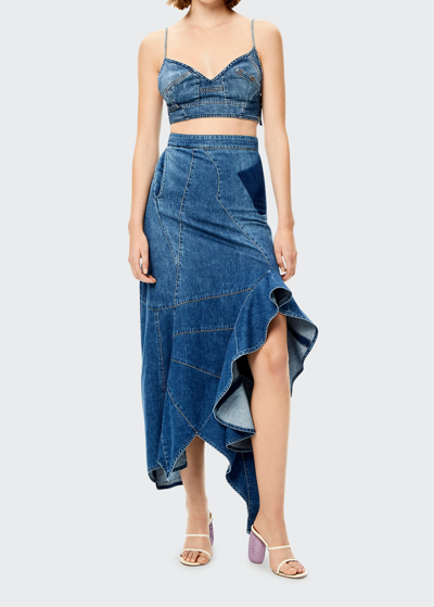 Shop Loewe Denim Ruffle-trim Asymmetric Midi Skirt In Blue Denim
