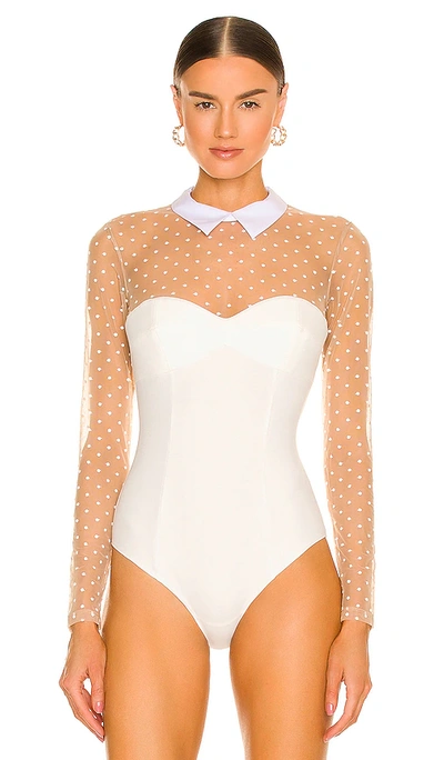 Fleur Du Mal Collared Bodysuit With Dotted Tulle In Ivory