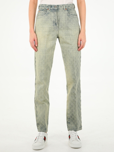 Shop Gucci Gg Jacquard Denim Jeans In Light Blue