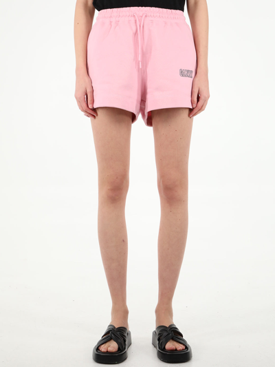 Shop Ganni Pink Shorts With Logo