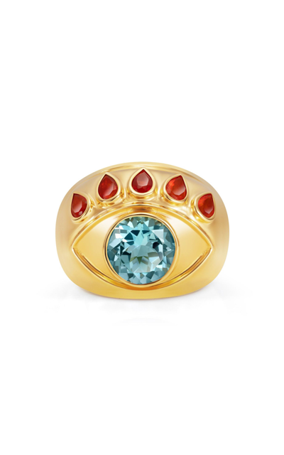 Shop Nevernot Ready To See You 18k Yellow Gold Opal; Topaz Eye Ring In Blue