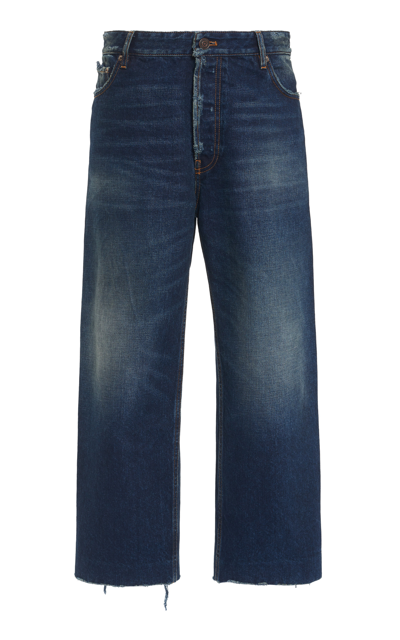 Shop Balenciaga Women's Rigid High-rise Wide-leg Cropped Jeans In Dark Wash