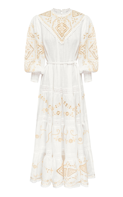 Shop Alemais Women's Cecilia Embroidered Linen Midi Dress In White