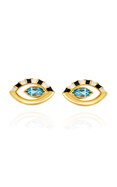 Shop Nevernot Women's Life In Colour 14k Yellow Gold Enameled Topaz Eye Earrings In Blue